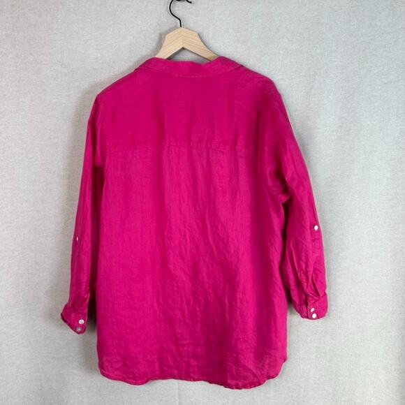 Sigrid Olsen Womens 100% Linen Button Up Top Size 1X Resort Roll Tab Sleeve Pink - Picture 3 of 8